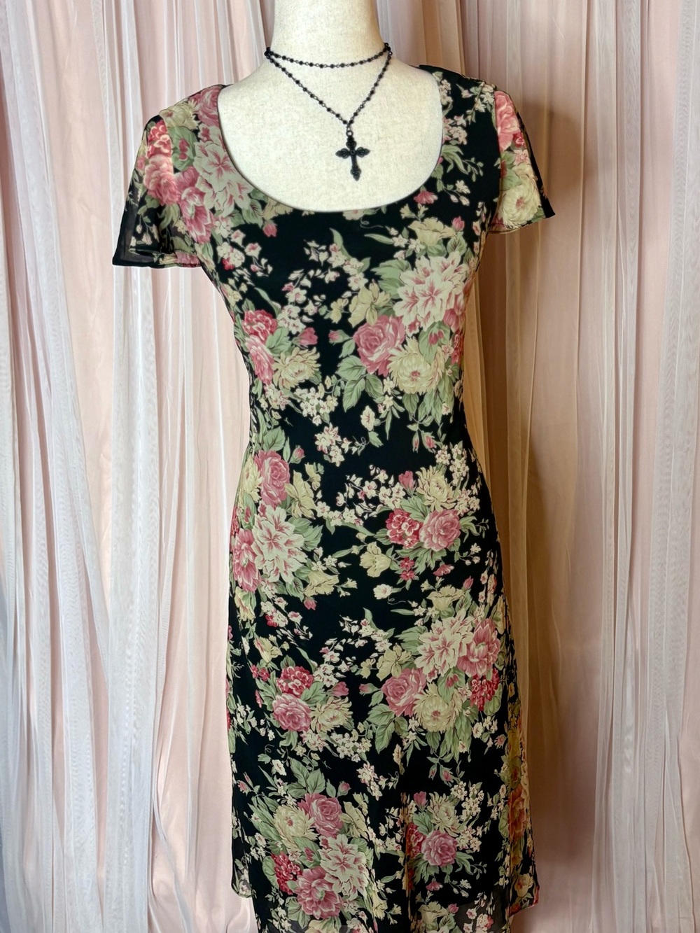 Y2K Floral Midi Dress Petite M Black Pink Cottagecore Romantic Bias Cut